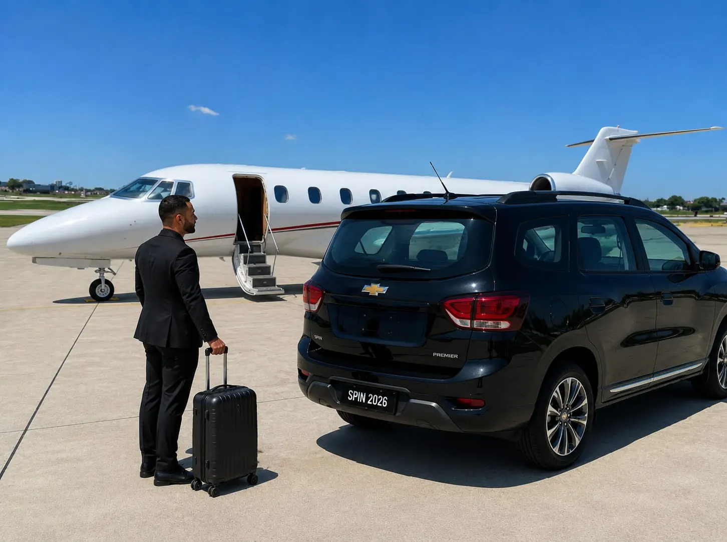 Motorista da Marrion Transfer Executivo recebendo passageiro com mala junto a um SUV preto de luxo